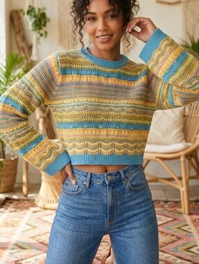 LUSH Crochet Knit Wide Sleeve Cropped Sweater - Blue/Yellow Multi - Size S